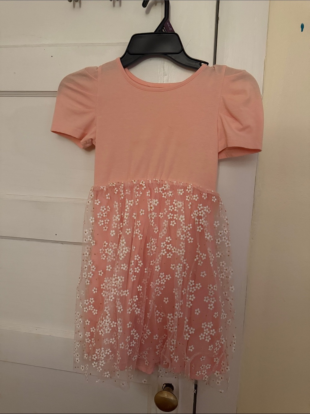 Little Girls Peach Floral Tulle Dress with Puff Sleeves
